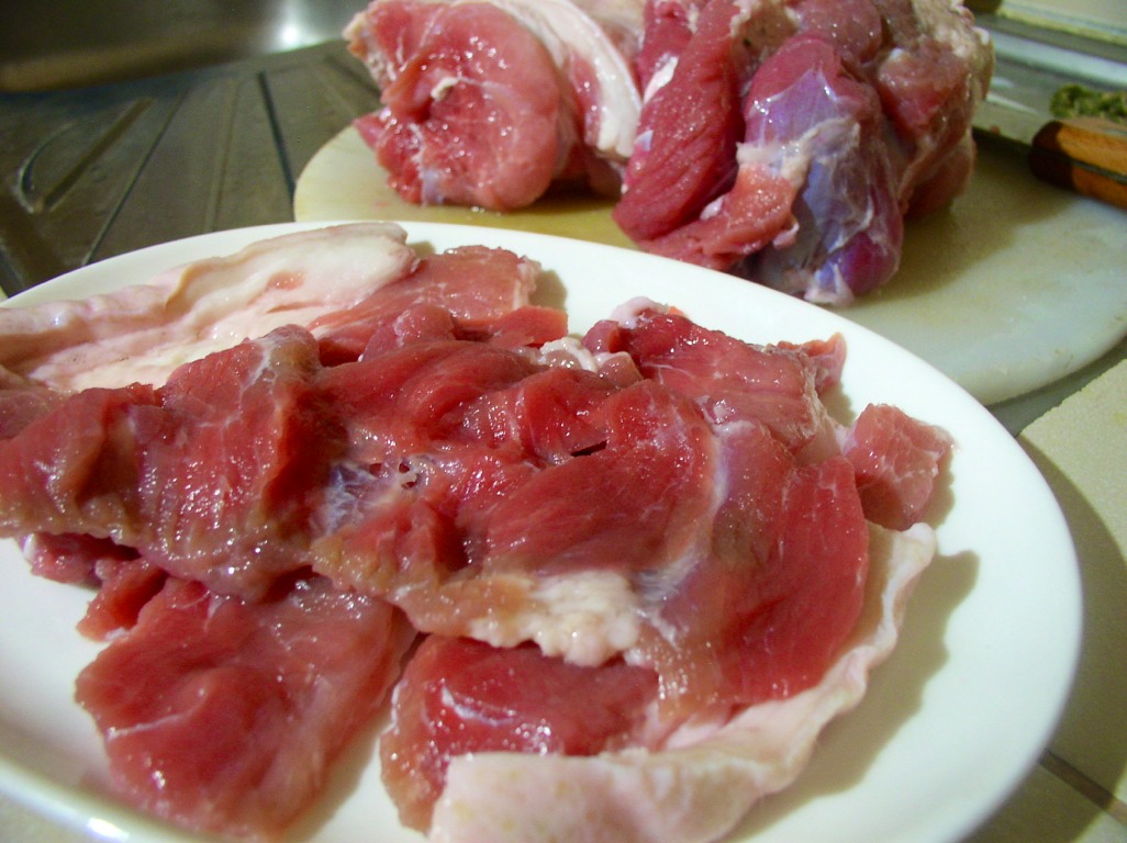 Here's the cured meat cut into slices and ready to cook! It is best to raise your own pig for meat like this.