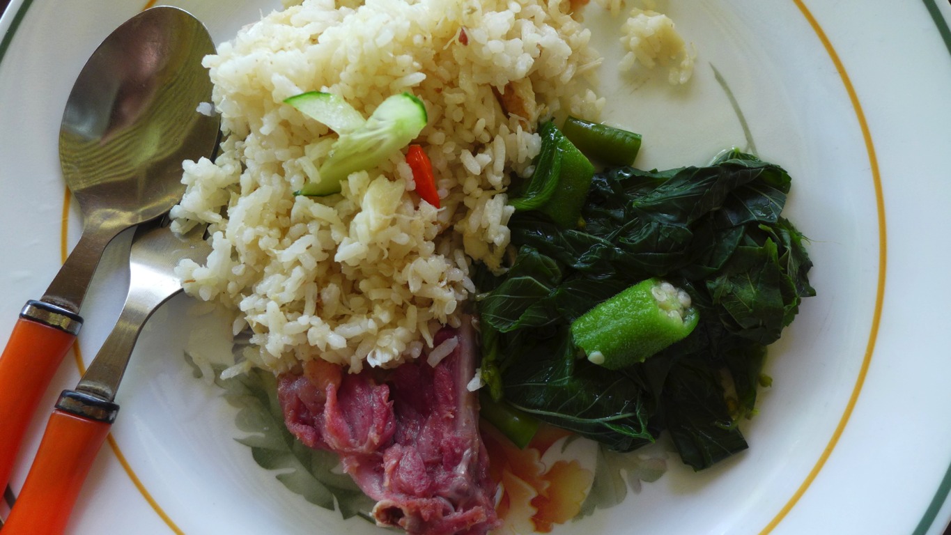 Crab rice, saluyot and okra veggies and the "duck bacon!"