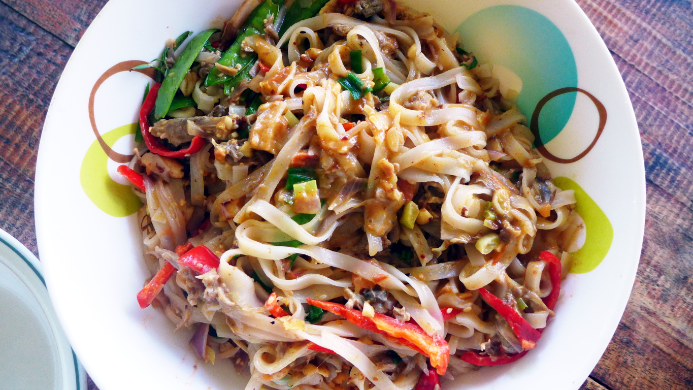 Pad Thai Noodles made delicious with duck stock and  shredded duck meat.